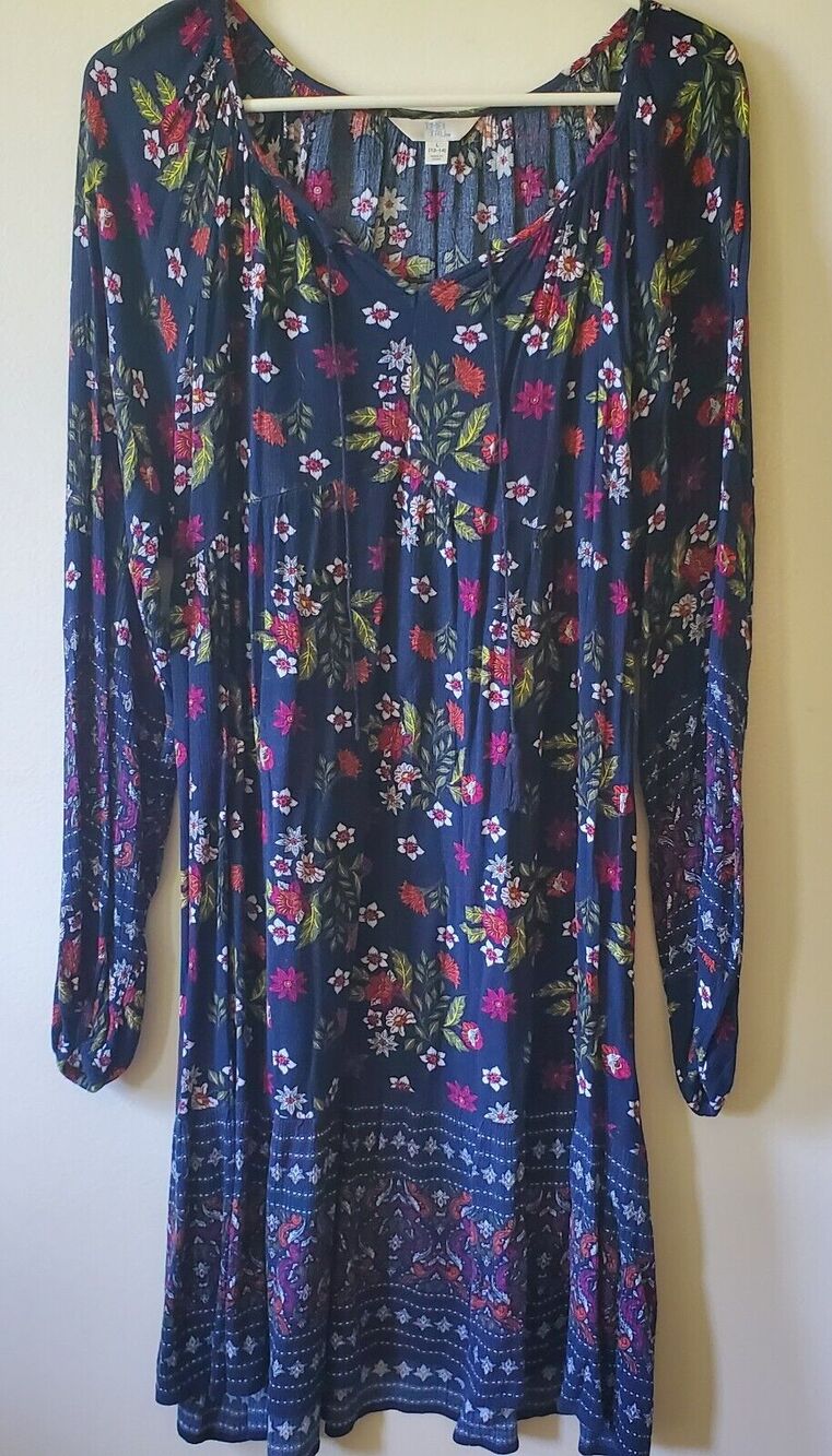 TIME And TRU Black Blue Flower Print Knee Length Swing Dress L Size 12-14